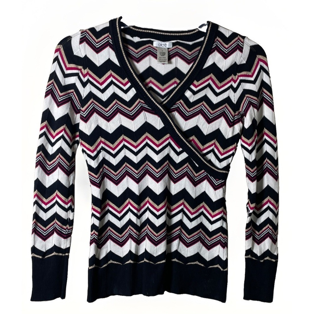 Cache Vintage Chevron Long Sleeve V Neck Knit Top Y2K Retro Women's Medium
